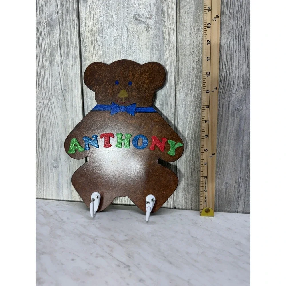 Vintage Hand Painted Wooden Teddy Bear Anthony Name Wall Plaque Hook Decor
